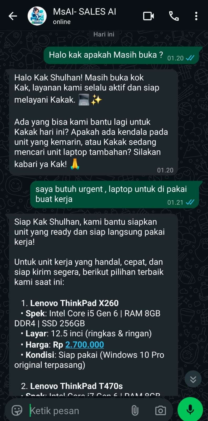Screenshot Bukti Chat Rekomendasi Sales MsAI